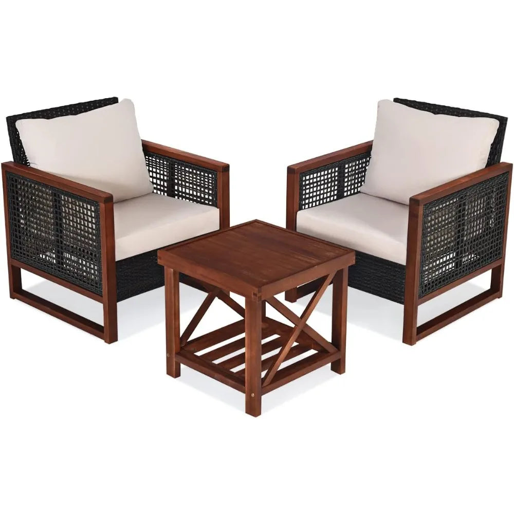 3 Pieces Outdoor Patio Furniture Set Wicker Chairs with Coffee Table, Balcony Porch Furniture Bistro Set