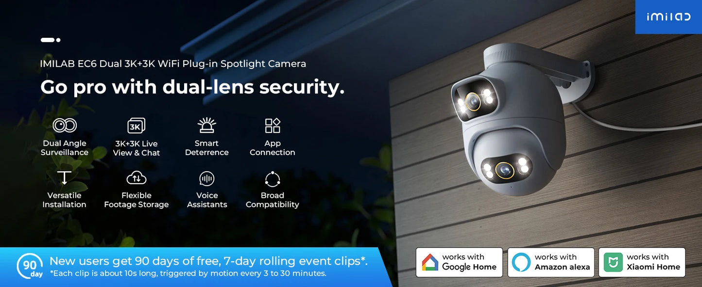IMILAB Outdoor Surveillance Camera Dual Lens 360° PTZ Camera Colour Night Vision WiFi/LAN 7/24 Work EC6 Dual With MiHome App