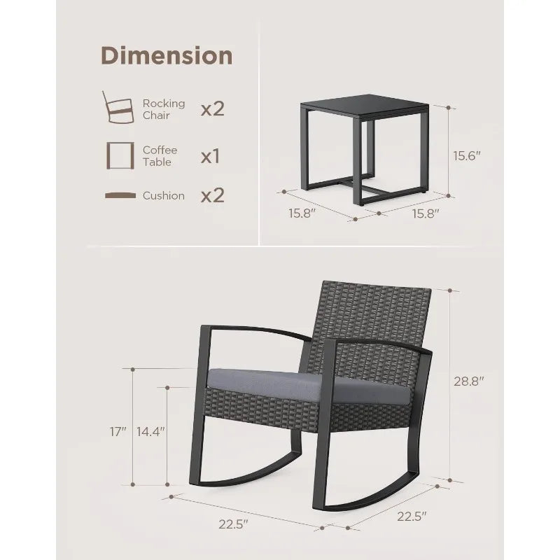 Pieces Patio Furniture Set, Outdoor Rocking Chair Sets with Cushion, Modern Rattan Conversation Sets for Porches and Balc