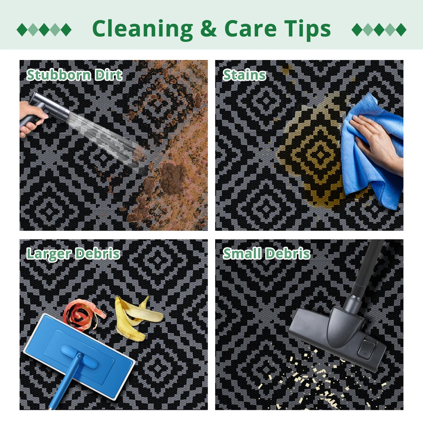 Outdoor Camping Rug Waterproof 6x9FT Reversible Stain&UV Resistant Plastic Straw RV Rug Carpet Mat with Portable Bag&4 Stakes