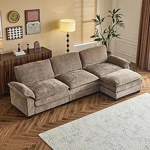 deep seated modular convertible sofa with movable double-layer ottoman, l-shape cloud sofa with chaise and armrests, oversized