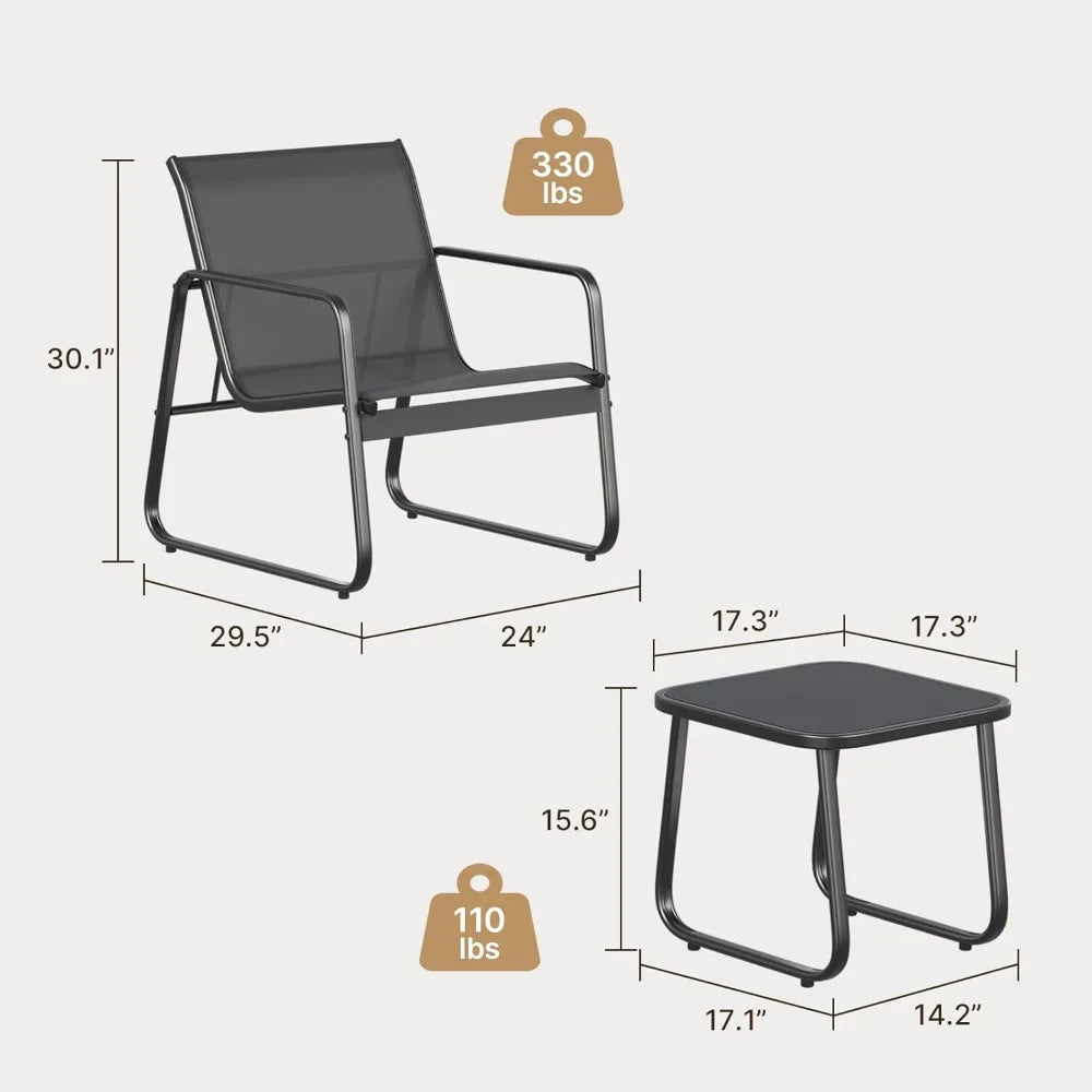 Patio Chairs Set of 2, Patio Furniture Set with Metal Frame Glass Table, Outdoor Chairs Set of 2 for Balcony, Bistro Table and