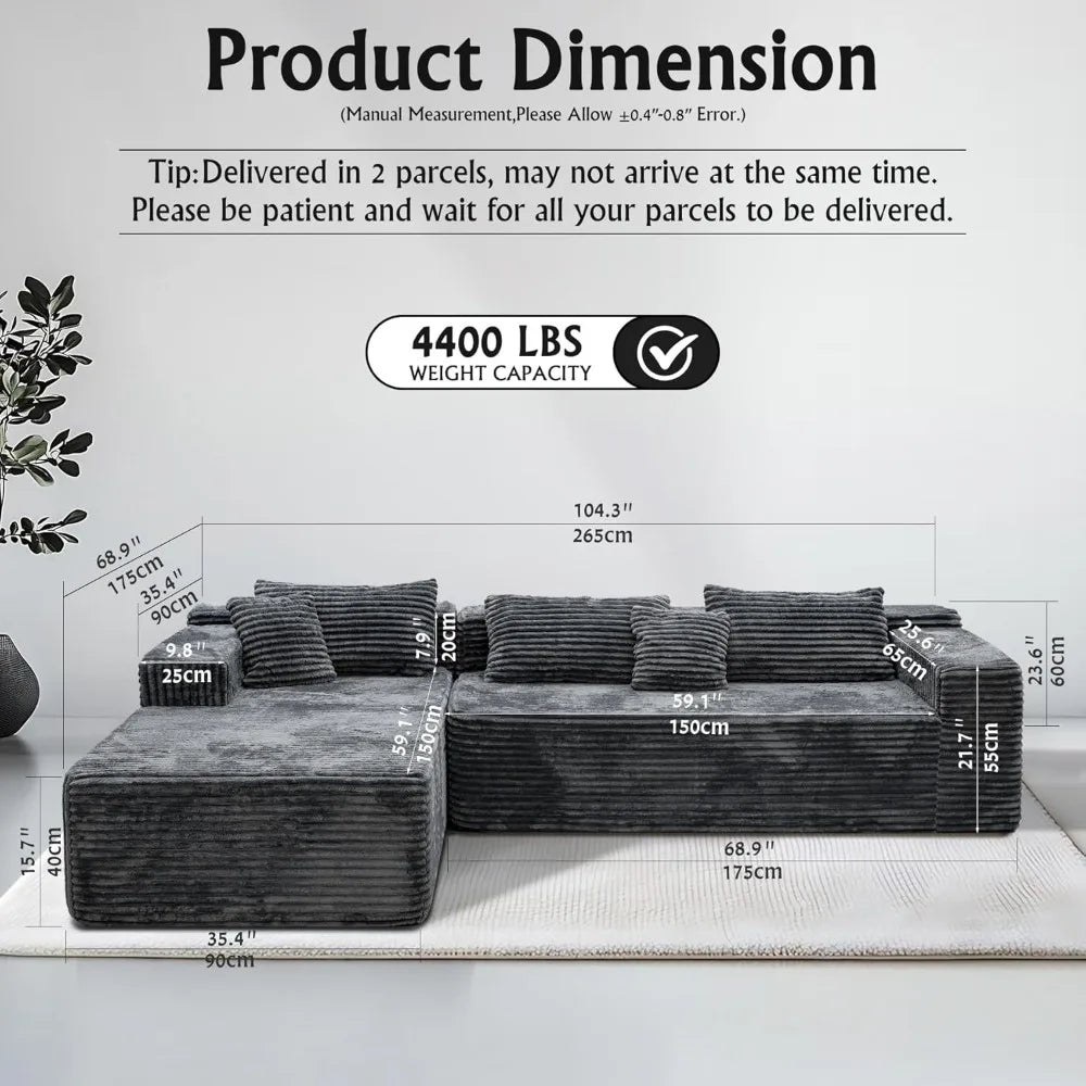 Grey sectional couches for Living Room-Corduroy Couch,104" Cloud Sectional Couch with L-Shape Chaise, Modern Modular Sofa