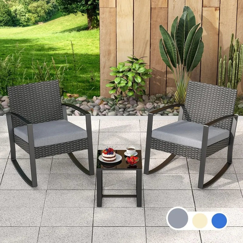 Pieces Patio Furniture Set, Outdoor Rocking Chair Sets with Cushion, Modern Rattan Conversation Sets for Porches and Balc