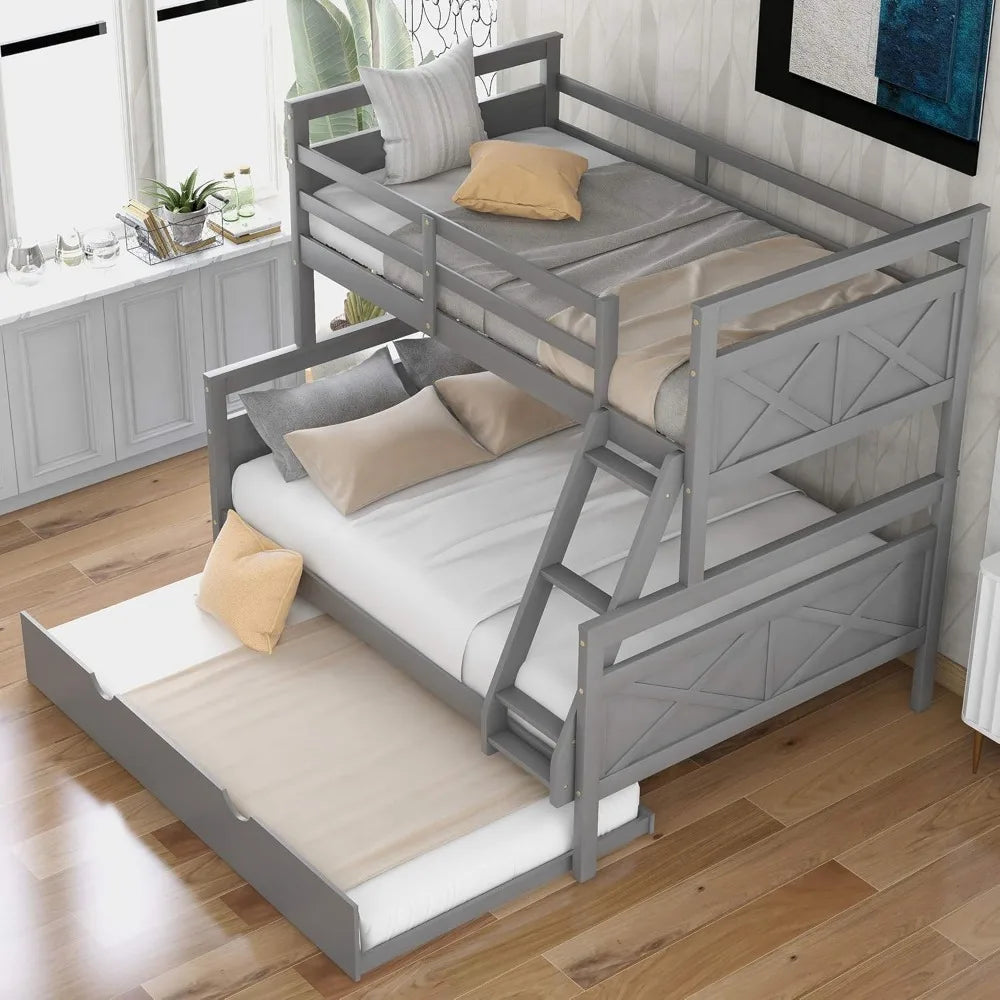 Hign-concerned Trundle Bunk Bed With Guardrail And Ladder