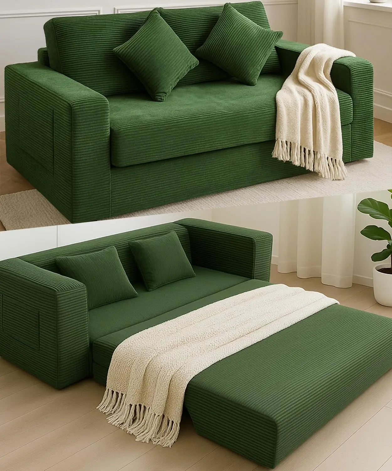 Foldable Sofa Bed,75 Inch Oversized Corduroy Upholstered Boneless Couch with Pillow, Loveseat Sleeper with Pull Out Bed No Insta