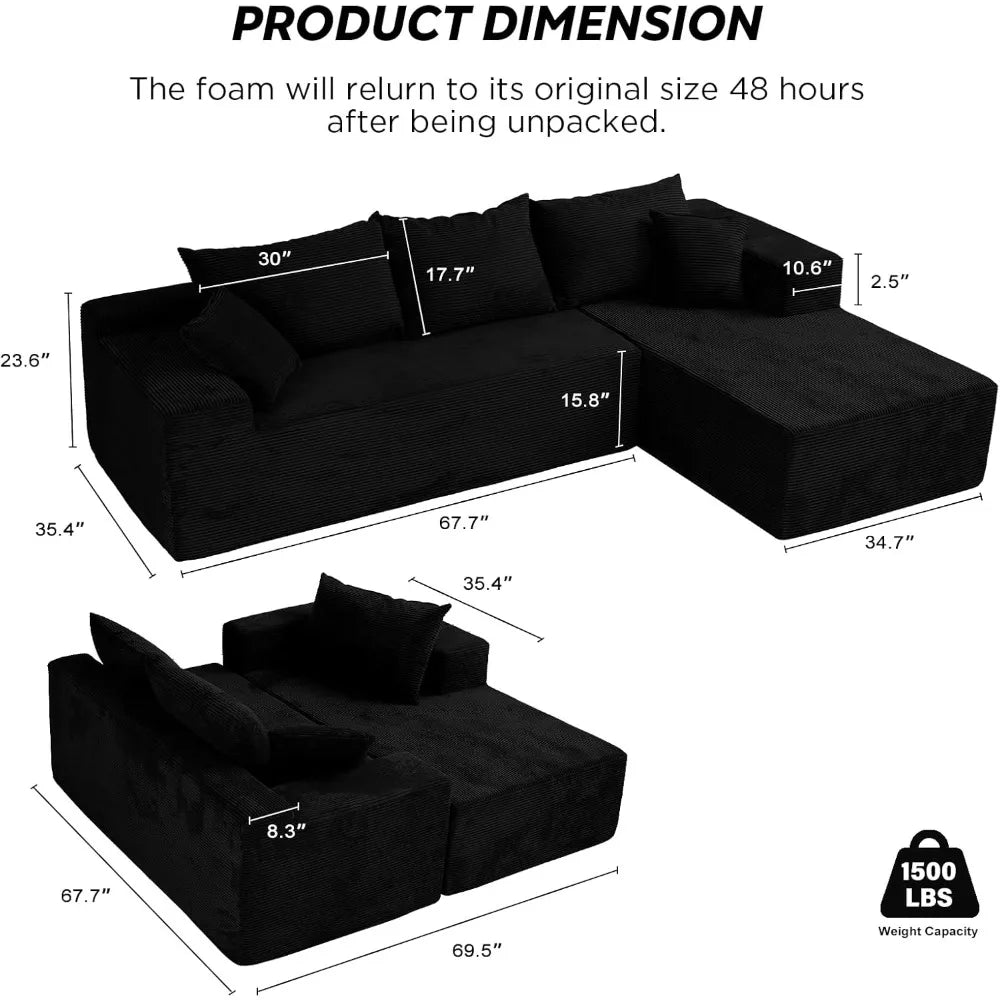 Black Cloud Couch Sectional Sofa in Box with L-Shape Chaise,Modern Modular Couches Upholstered with Deep Seat for Living Room,No