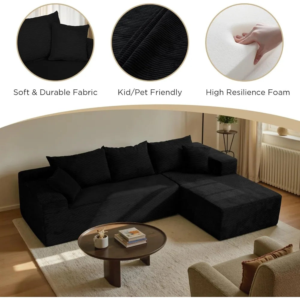 Black Cloud Couch Sectional Sofa in Box with L-Shape Chaise,Modern Modular Couches Upholstered with Deep Seat for Living Room,No