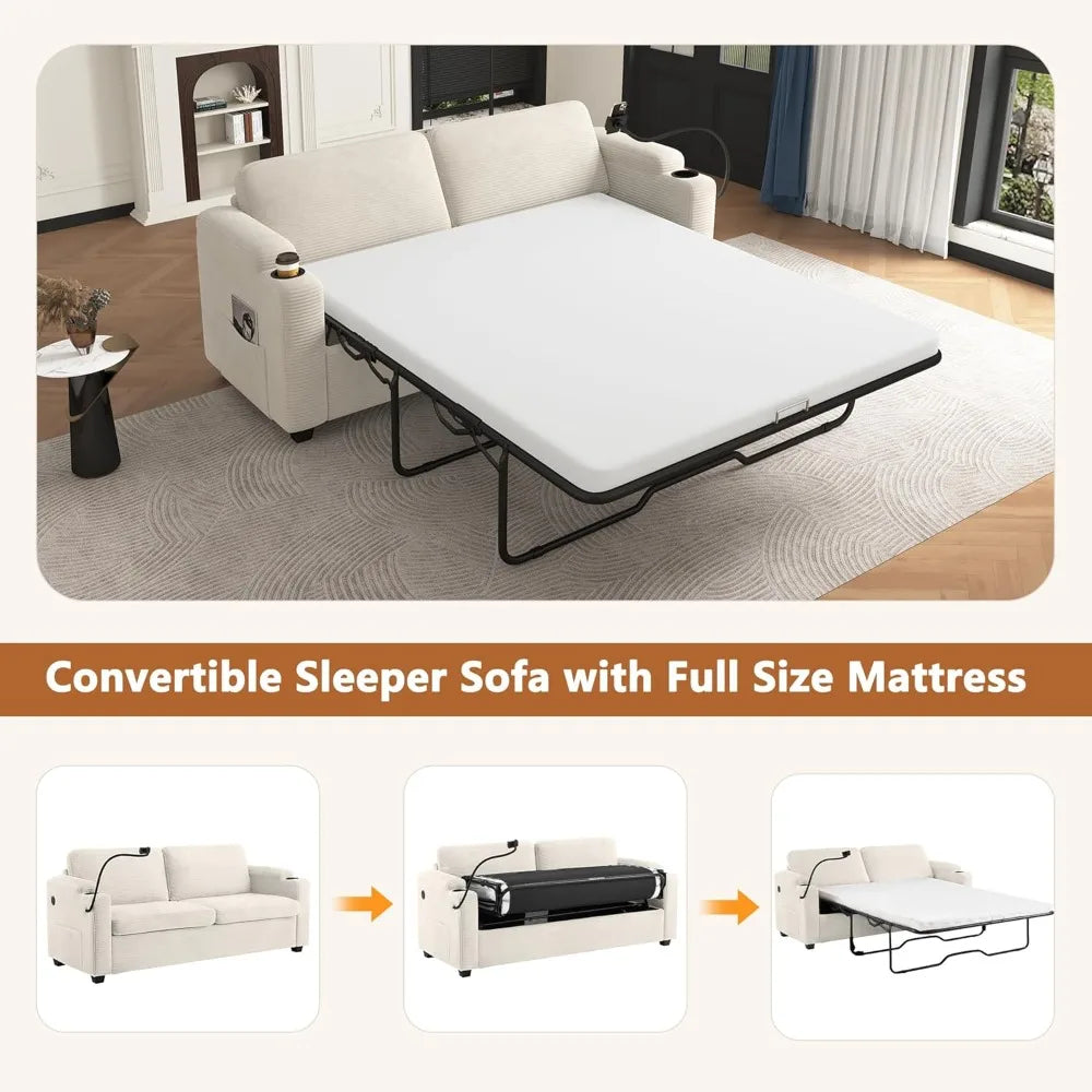 72.8" Corduroy Sleeper Sofa Loveseat Sofa with Full Size Mattress, Two USB Ports, Two Cup Holders, Two Side Pockets and a Phone