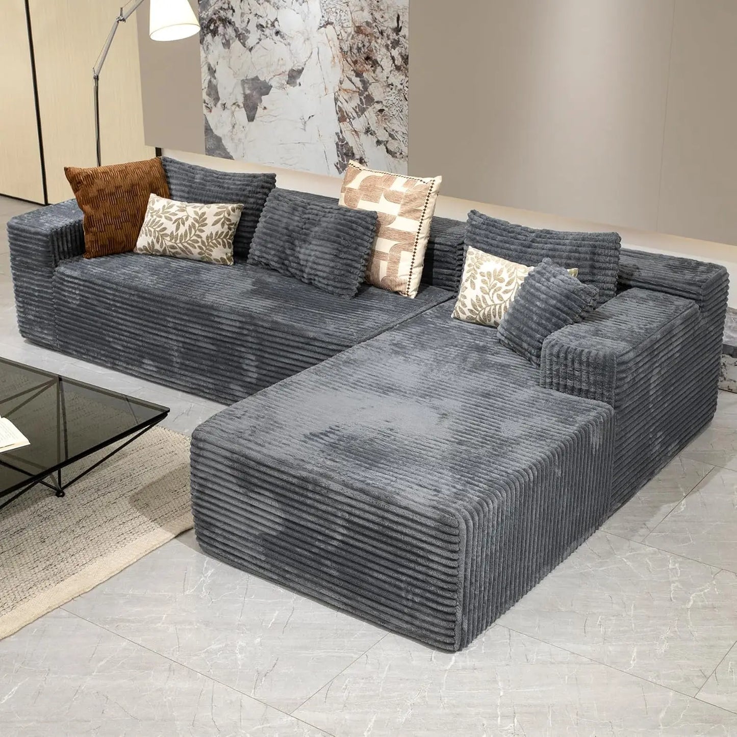 Grey sectional couches for Living Room-Corduroy Couch,104" Cloud Sectional Couch with L-Shape Chaise, Modern Modular Sofa