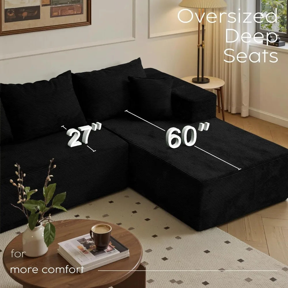 Black Cloud Couch Sectional Sofa in Box with L-Shape Chaise,Modern Modular Couches Upholstered with Deep Seat for Living Room,No