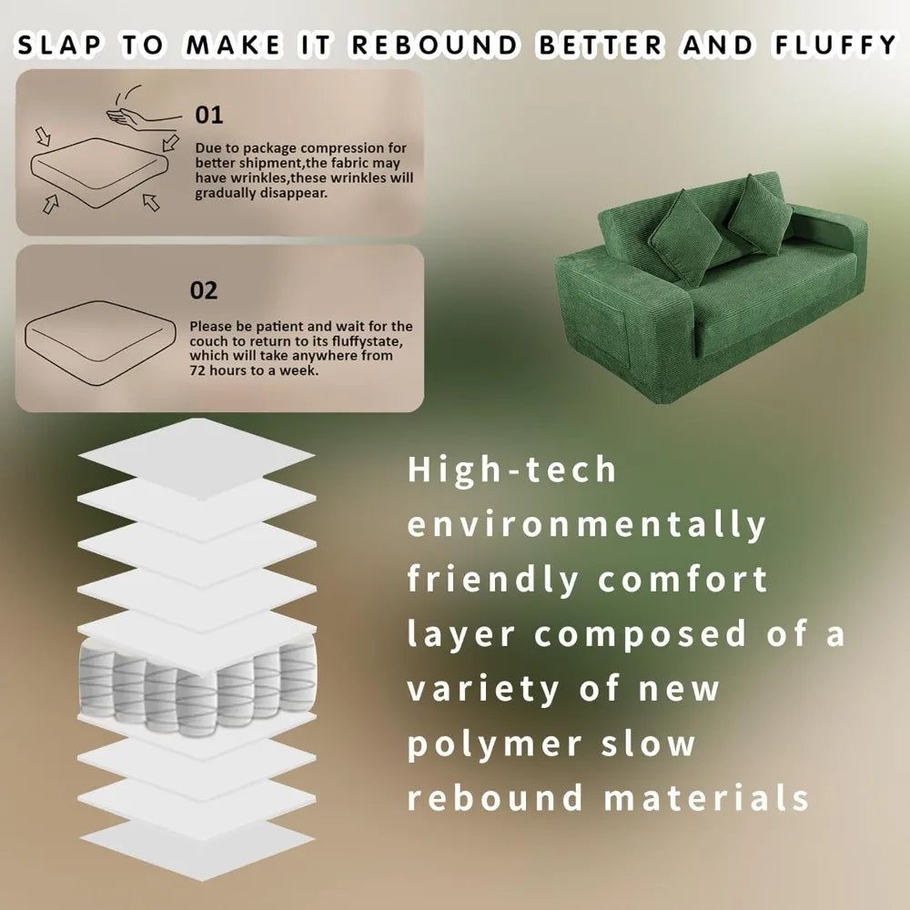 Foldable Sofa Bed,75 Inch Oversized Corduroy Upholstered Boneless Couch with Pillow, Loveseat Sleeper with Pull Out Bed No Insta