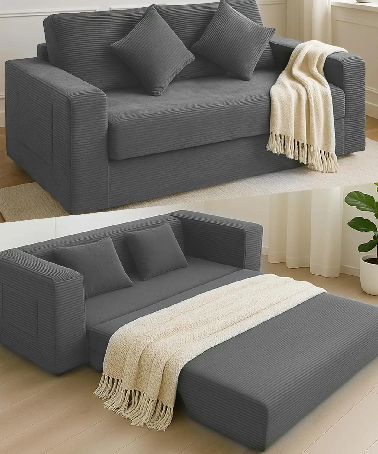 Foldable Sofa Bed,75 Inch Oversized Corduroy Upholstered Boneless Couch with Pillow, Loveseat Sleeper with Pull Out Bed No Insta