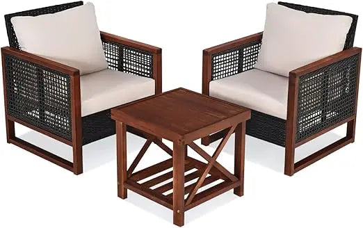 3 Pieces Outdoor Patio Furniture Set Wicker Chairs with Coffee Table, Balcony Porch Furniture Bistro Set