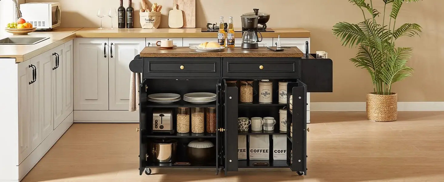 60" Mobile Kitchen Islands Rolling Trolleys Kitchen Island Table Drop Leaf Home Carts with Power Outlet Spice Towel Rack Trash