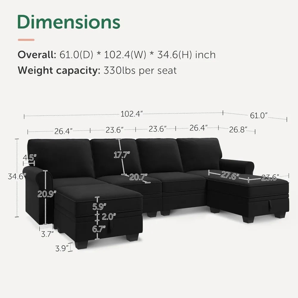 MKDK Velvet Sectional Sofa With Storage Seat U Shaped Couch