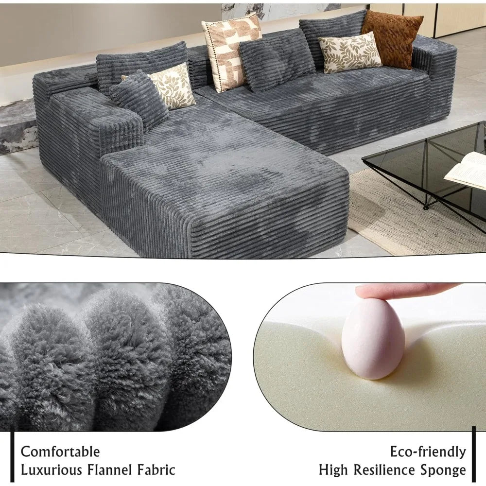 Grey sectional couches for Living Room-Corduroy Couch,104" Cloud Sectional Couch with L-Shape Chaise, Modern Modular Sofa