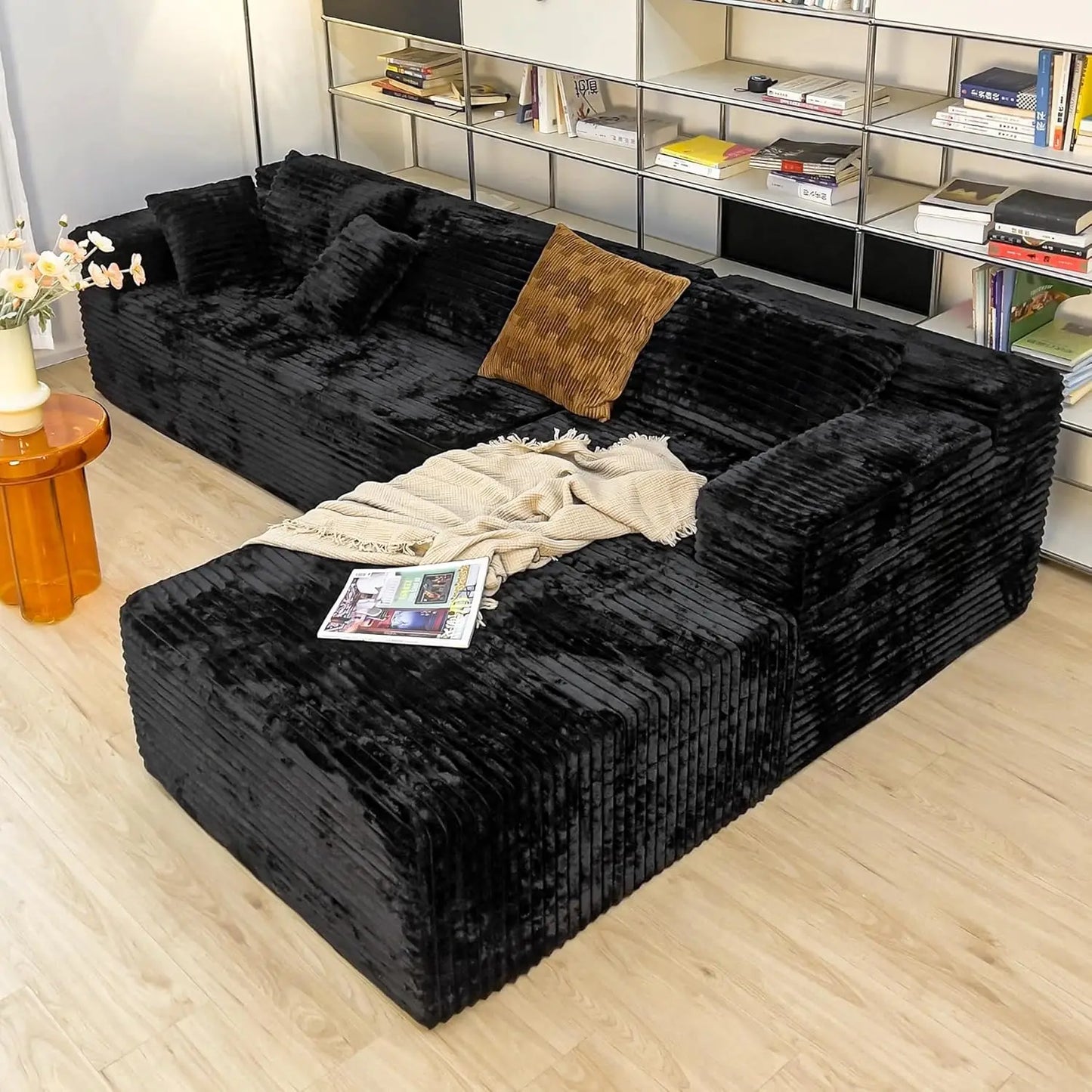 Grey sectional couches for Living Room-Corduroy Couch,104" Cloud Sectional Couch with L-Shape Chaise, Modern Modular Sofa