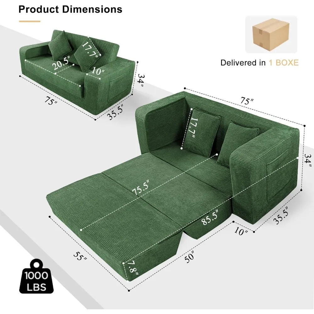 Foldable Sofa Bed,75 Inch Oversized Corduroy Upholstered Boneless Couch with Pillow, Loveseat Sleeper with Pull Out Bed No Insta