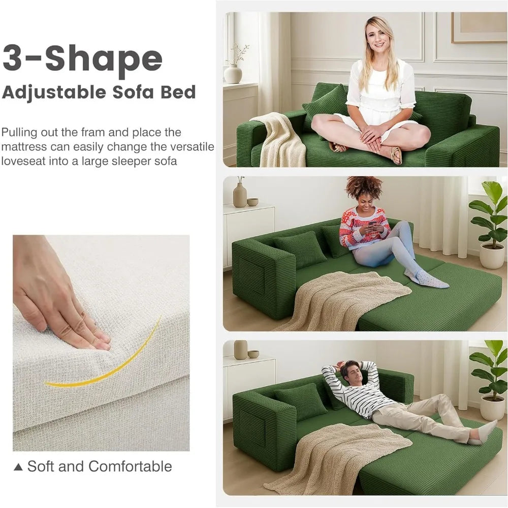 Foldable Sofa Bed,75 Inch Oversized Corduroy Upholstered Boneless Couch with Pillow, Loveseat Sleeper with Pull Out Bed No Insta