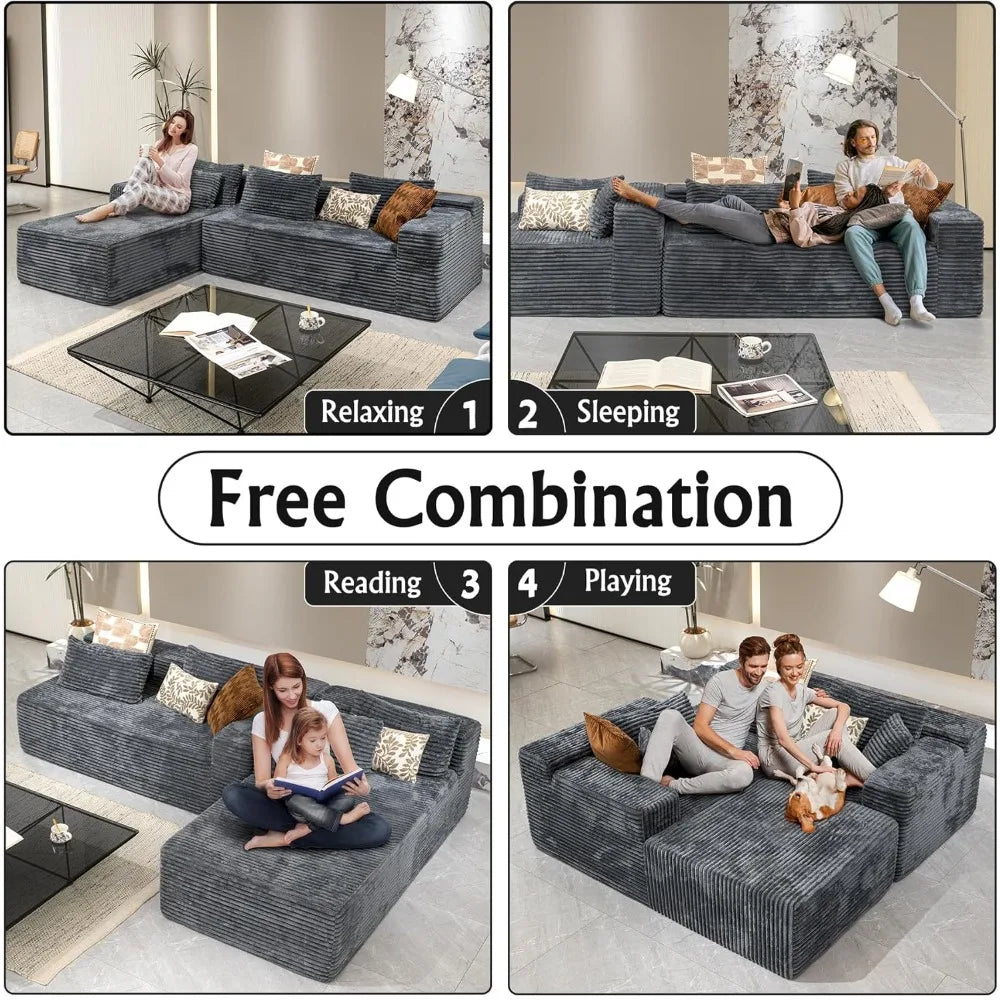 Grey sectional couches for Living Room-Corduroy Couch,104" Cloud Sectional Couch with L-Shape Chaise, Modern Modular Sofa