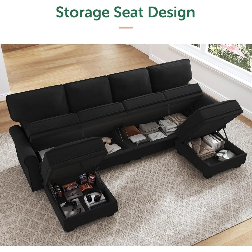 MKDK Velvet Sectional Sofa With Storage Seat U Shaped Couch