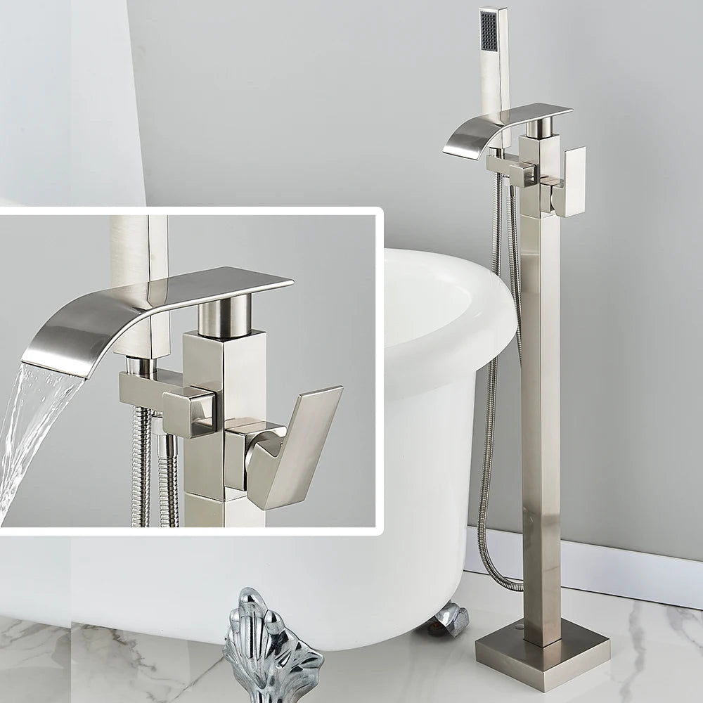 Quyanre Waterfall Brass Free Standing Tub Filler Faucet Hand Shower