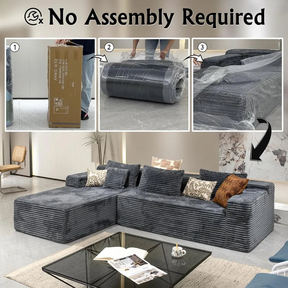 Grey sectional couches for Living Room-Corduroy Couch,104" Cloud Sectional Couch with L-Shape Chaise, Modern Modular Sofa