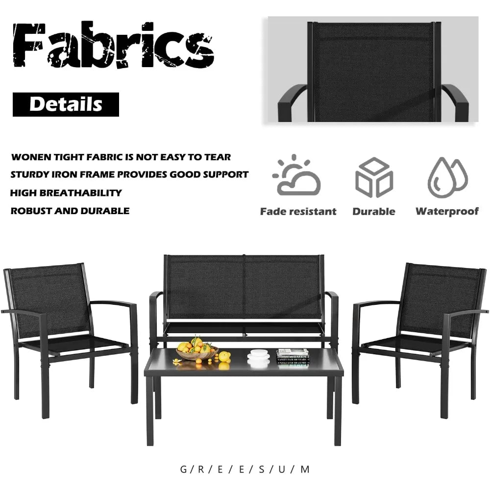 4 Pieces Patio Furniture Set, Outdoor Conversation Sets for Patio, Lawn, Garden, Poolside with A Glass Coffee Table, Black