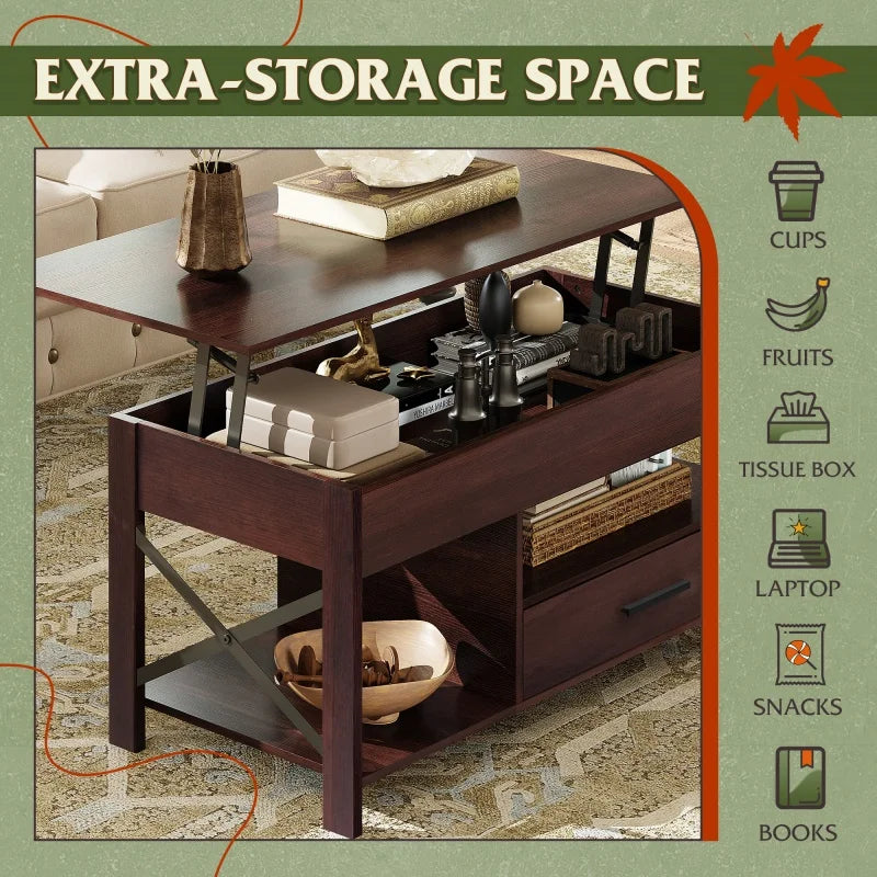 GALAXHERO Lift Top Coffee Table with Hidden Compartment Storage Drawers and Storage Shelf for Living Room Reception Room