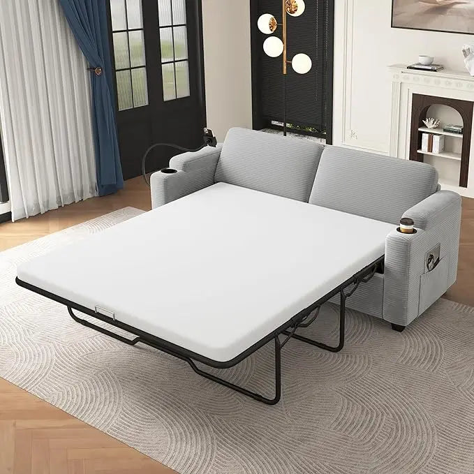 72.8" Corduroy Sleeper Sofa Loveseat Sofa with Full Size Mattress, Two USB Ports, Two Cup Holders, Two Side Pockets and a Phone