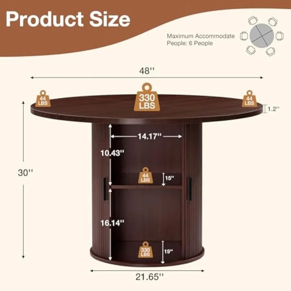 Round Dining Table For 4-6 With Wooden Storage Shelf