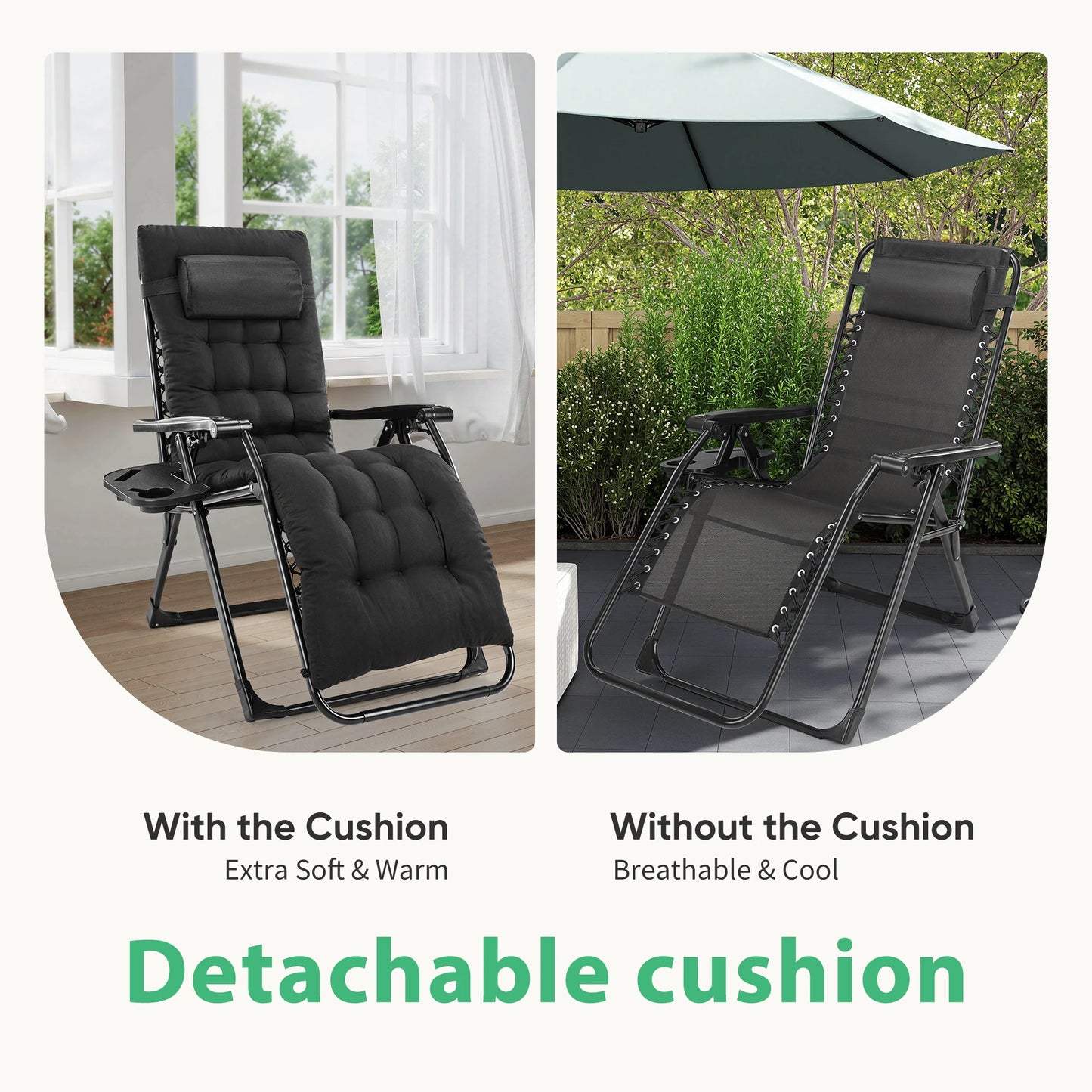 JHK Zero Gravity Set of 2 Portable Recliner Camping Patio Outdoor Garden Lounge Chair with Cup Holder Trays Adjustable Pillow