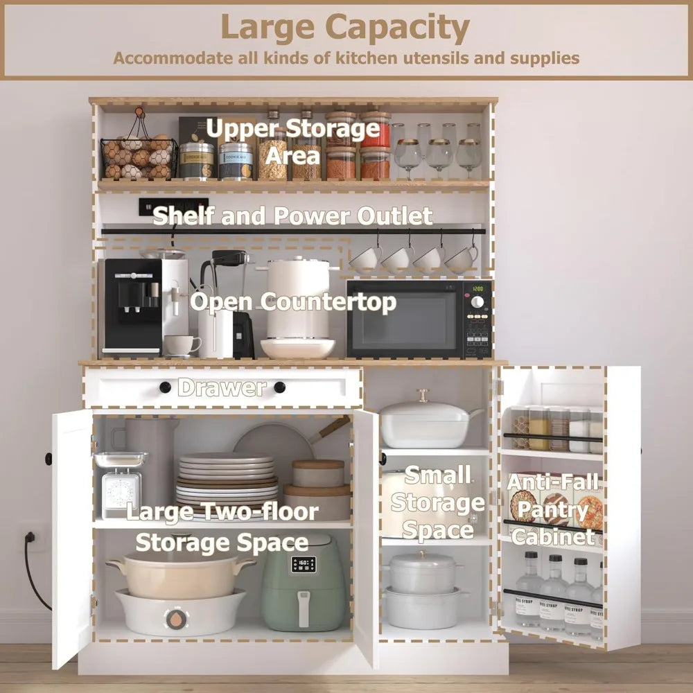 72" Kitchen Pantry Storage Cabinet with Power Outlets,Farmhouse Food Pantry Cabinets with Microwave Stand,Freestanding Kitchen H