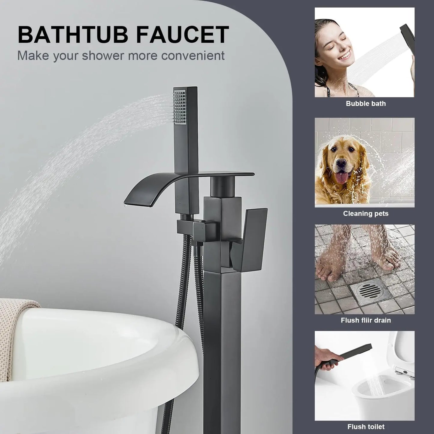 Quyanre Waterfall Brass Free Standing Tub Filler Faucet Hand Shower
