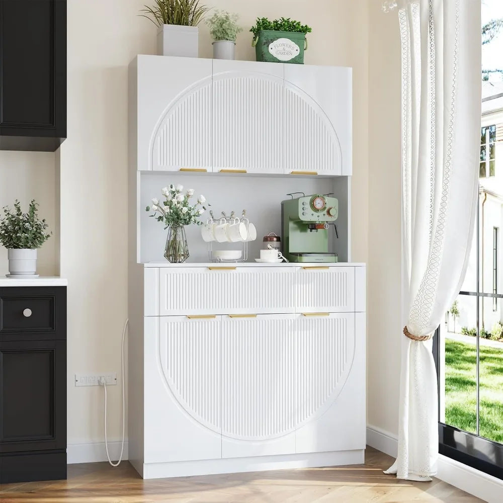 71" Kitchen Pantry With Charging Station, White Modern Hutch With Drawers & Microwave Stand, Buffet Cabinet With Countertop for