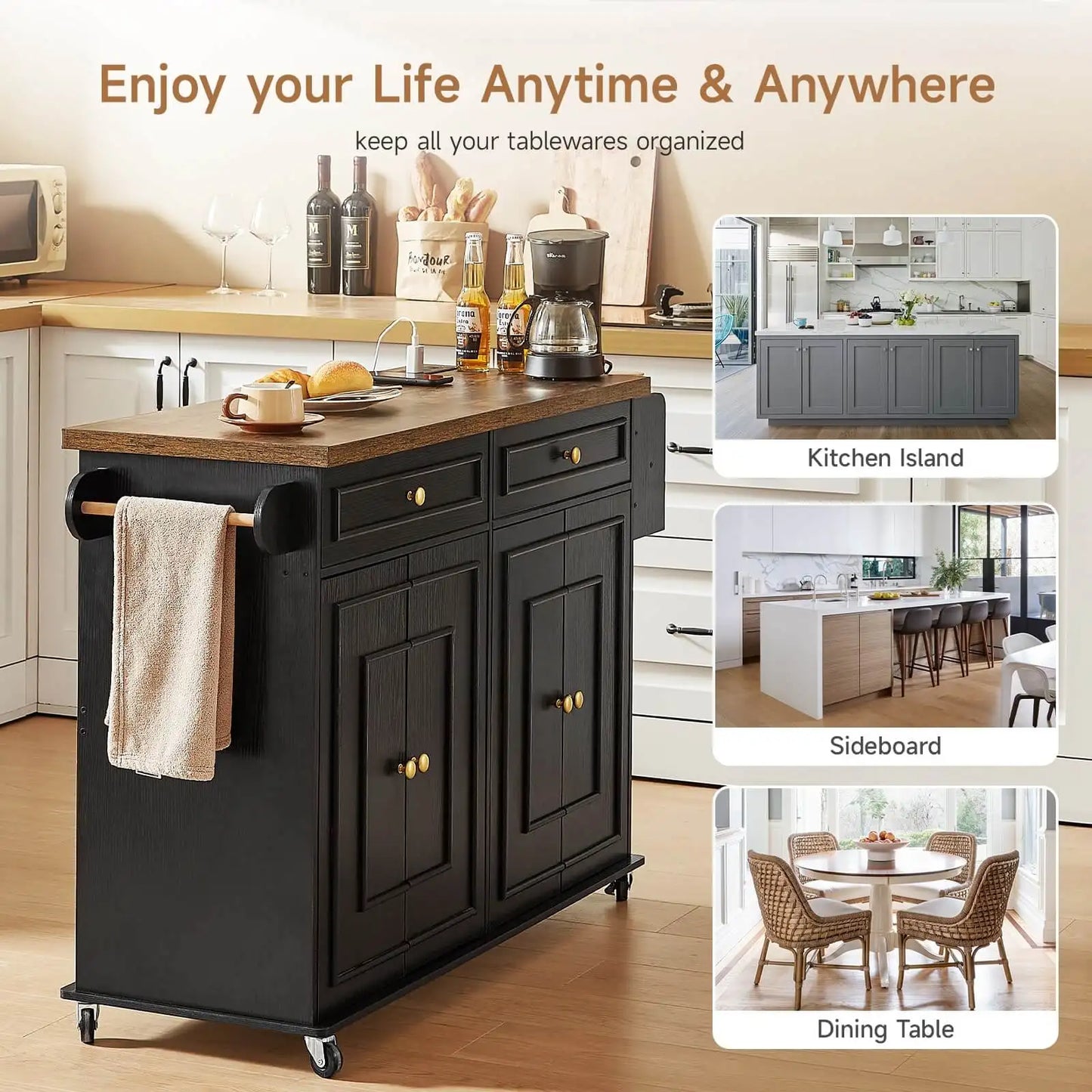60" Mobile Kitchen Islands Rolling Trolleys Kitchen Island Table Drop Leaf Home Carts with Power Outlet Spice Towel Rack Trash