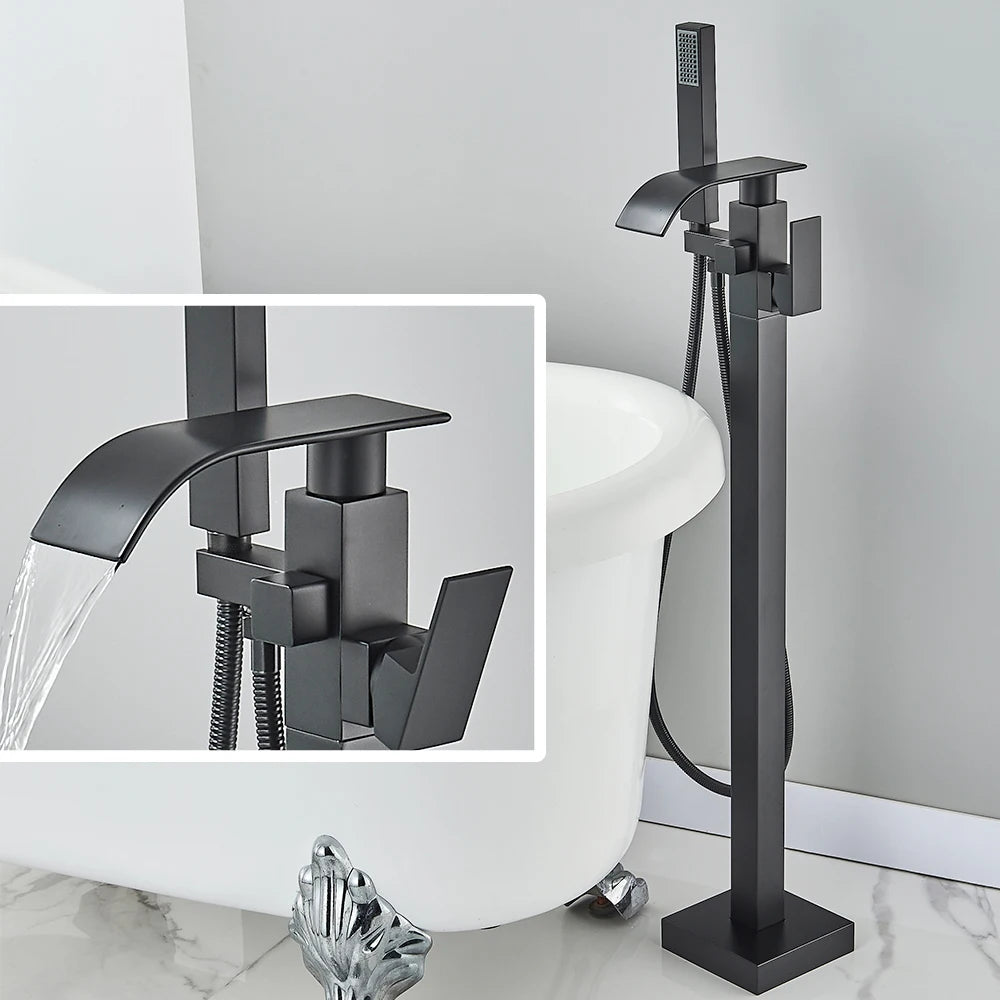Quyanre Waterfall Brass Free Standing Tub Filler Faucet Hand Shower