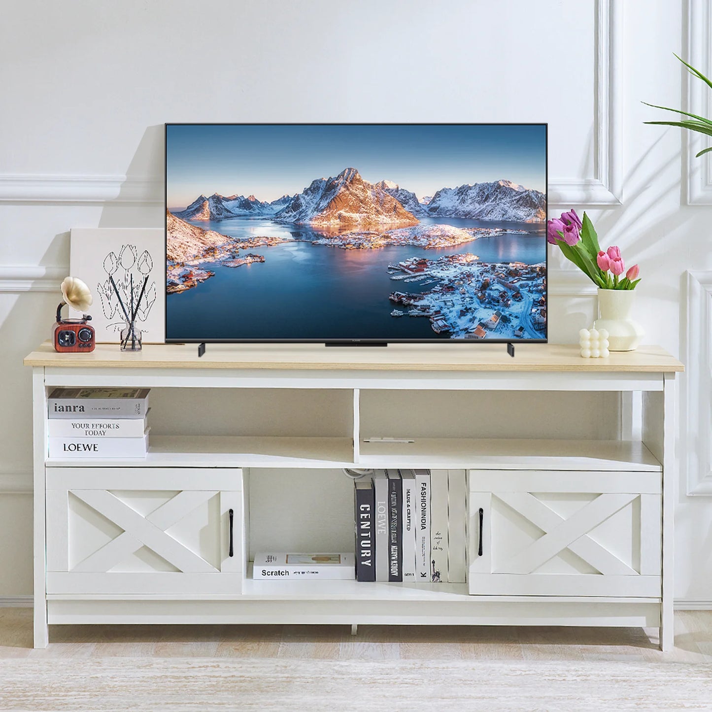 REDLIFE TV Stand for TVs Up to 65 inches Entertainment Center w/ Power Outlet Storage Cabinet Three Open Shelves for Living Room