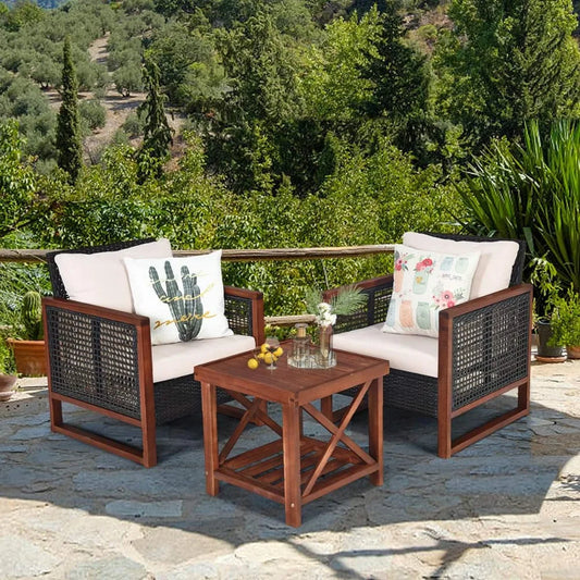 3 Pieces Outdoor Patio Furniture Set Wicker Chairs with Coffee Table, Balcony Porch Furniture Bistro Set