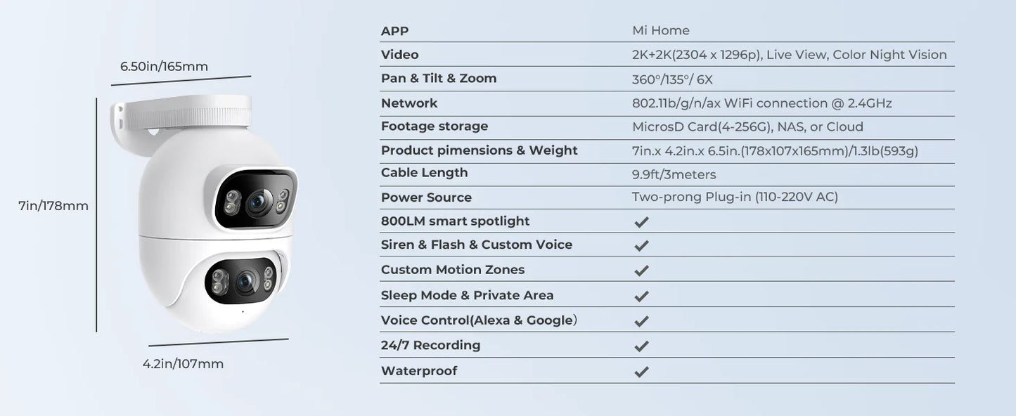 IMILAB Outdoor Surveillance Camera Dual Lens 360° PTZ Camera Colour Night Vision WiFi/LAN 7/24 Work EC6 Dual With MiHome App
