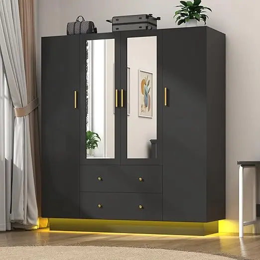 XMSJH Wardrobe 4 Door With Mirrors And LED Lights Black