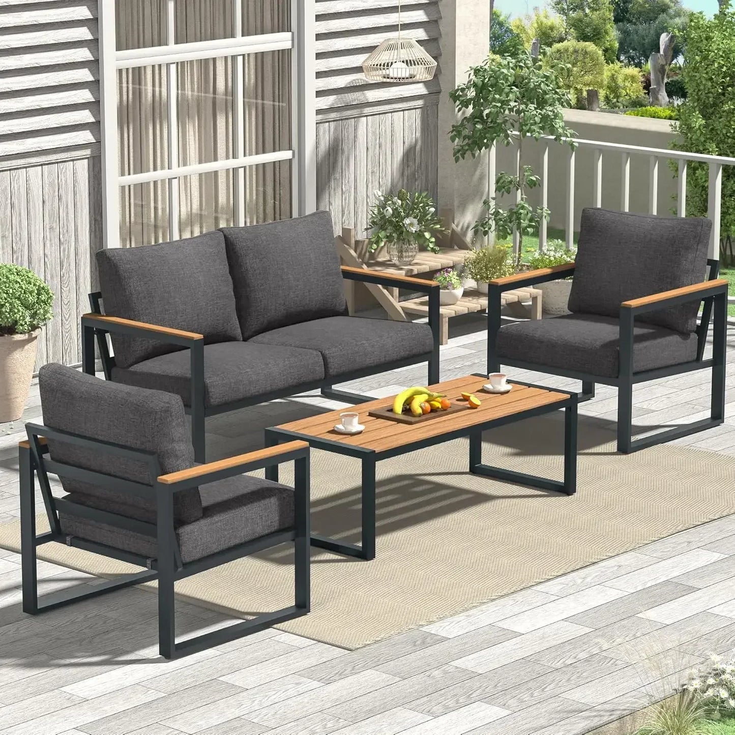 Patio Furniture Set, 4 Pieces Outdoor Patio Furniture with Coffee Table Set, Metal Patio Conversation Sets with Washable