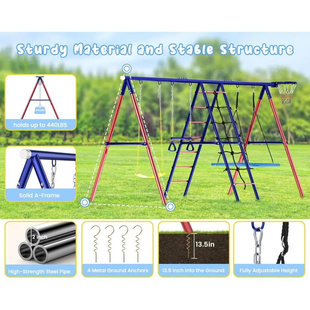 Swing Sets for Backyard, 6 in 1 Toddler Swingset Outdoor for Backyard for Kids 3-12, Heavy Duty Metal Swing Sets with 2 Swings C