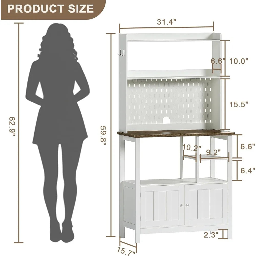 ChooChoo Bakers Rack with Power Outlet, Microwave Stand Kitchen Cabinet with Storage, Coffee Bar Cabinet with Hutch and Pegboard