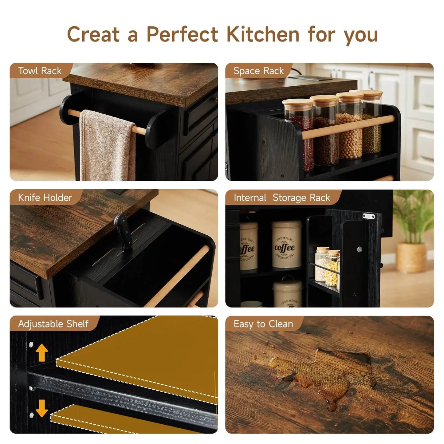 60" Mobile Kitchen Islands Rolling Trolleys Kitchen Island Table Drop Leaf Home Carts with Power Outlet Spice Towel Rack Trash