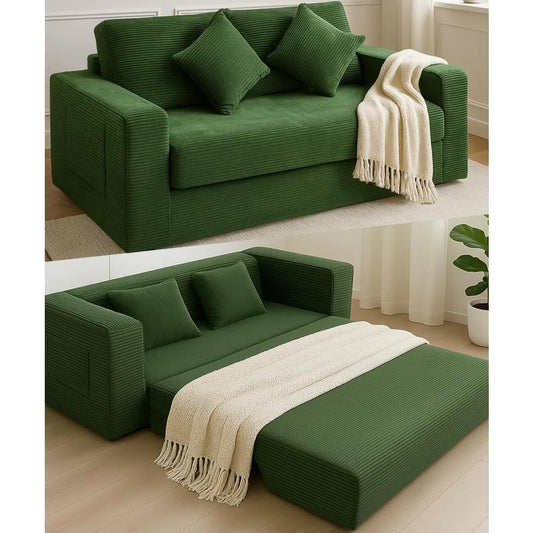 Foldable Sofa Bed,75 Inch Oversized Corduroy Upholstered Boneless Couch with Pillow, Loveseat Sleeper with Pull Out Bed No Insta