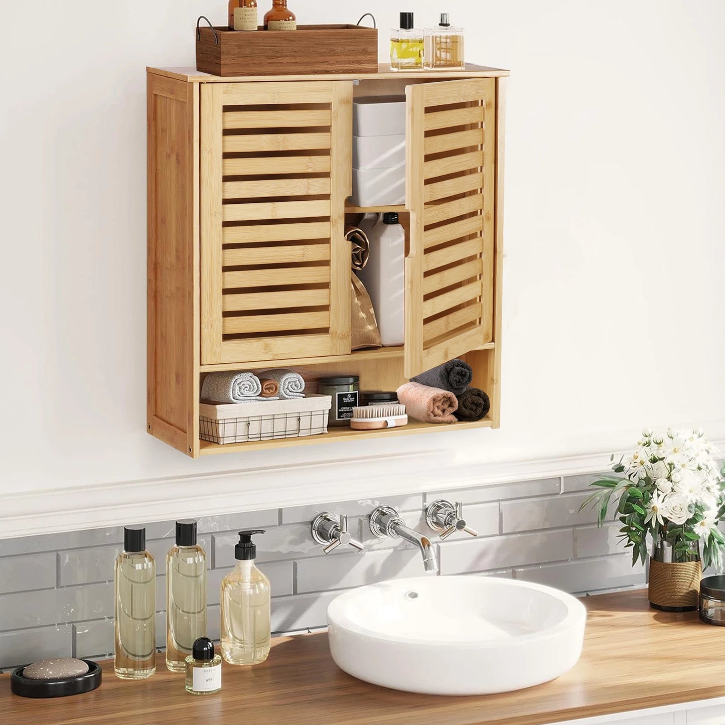 Wisfor Bamboo Bathroom Wall Cabinet With Medicine 2 Doors
