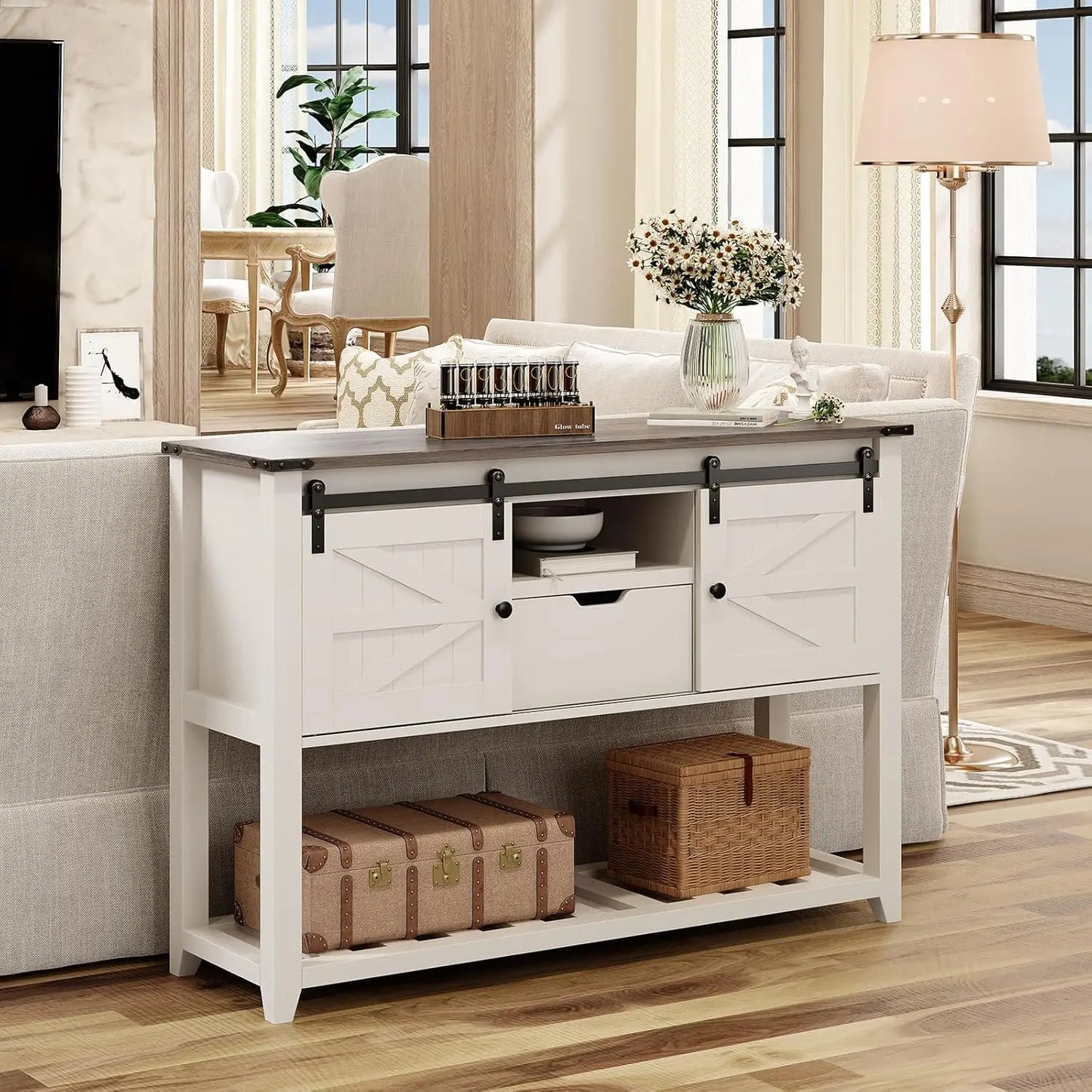 Redlife Entryway Table w/ Sliding Barn Doors, 46" Farmhouse Sofa Console Table w/ Storage Shelf for Hallway Entryway Living Roo