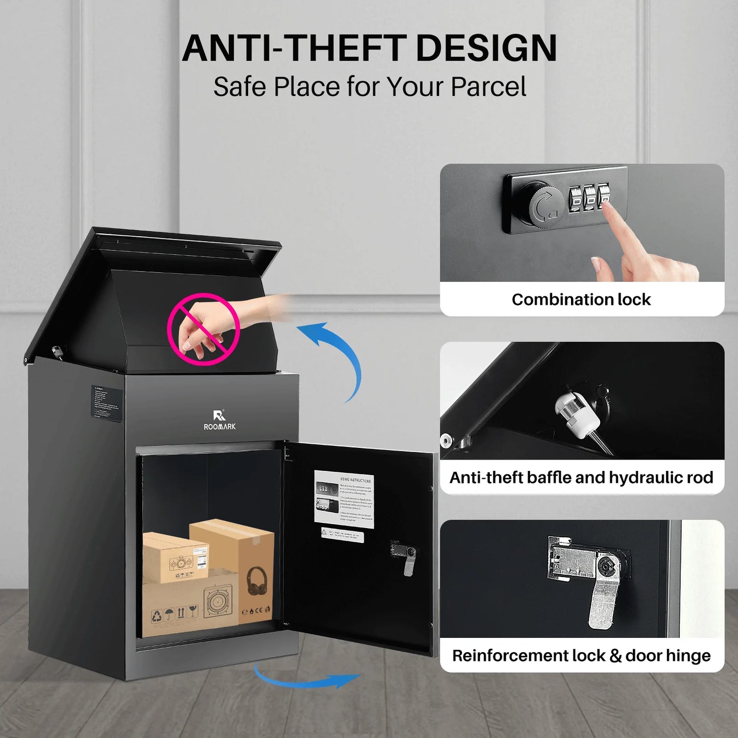 Roomark Package Delivery Box for Outside 15.75×16.15× 43.5inch Waterproof Anti-Theft Lockable Parcel Drop Box for Porch Curbside
